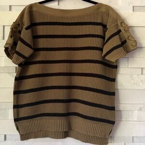 LAUREN RALPH LAUREN 100% Cotton Stripe Grommet Lace Short Slv Sweater Preppy M